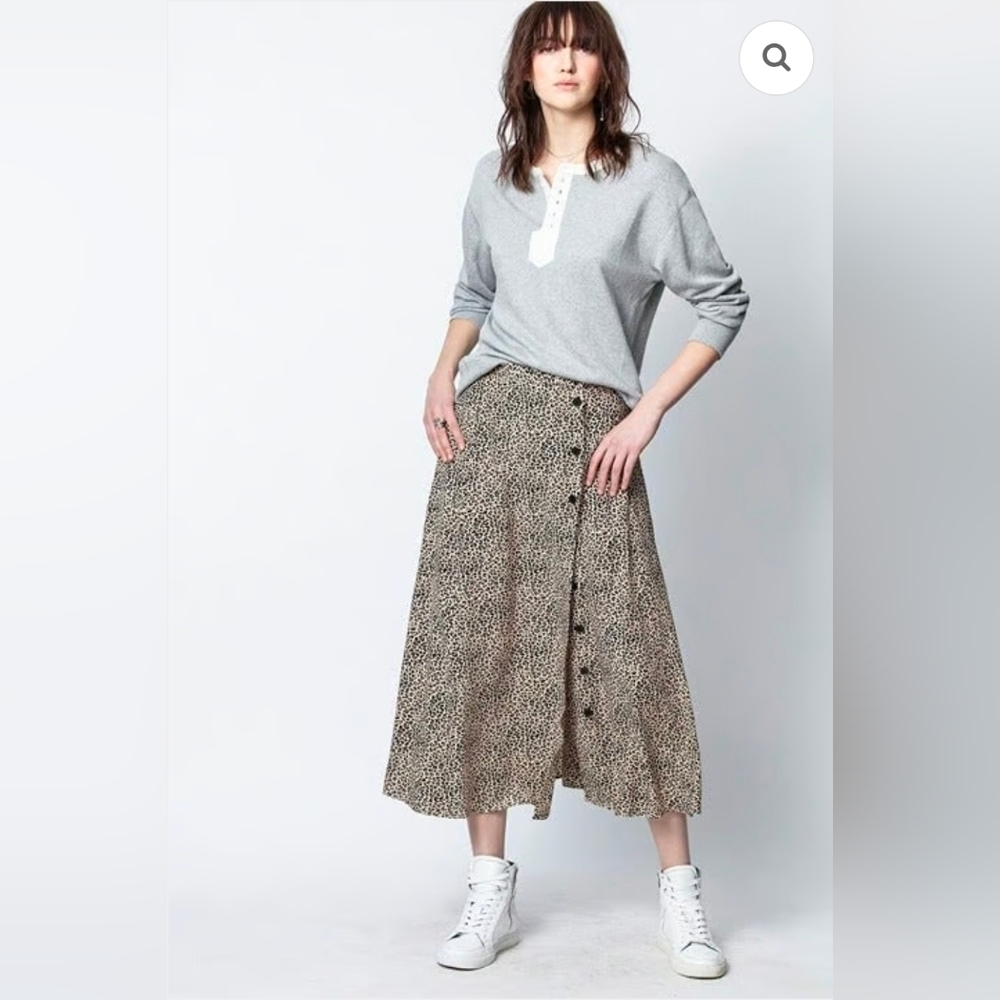 Zadig & Voltaire Womens Size 34 June Leo Print Button Front Midi Skirt